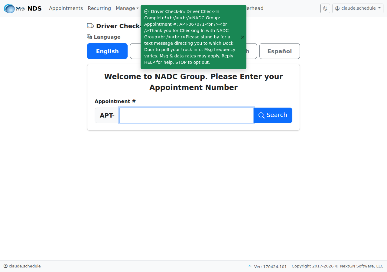 The NADC Group driver check-in kiosk after the driver has pressed Complete, confirming the check-in