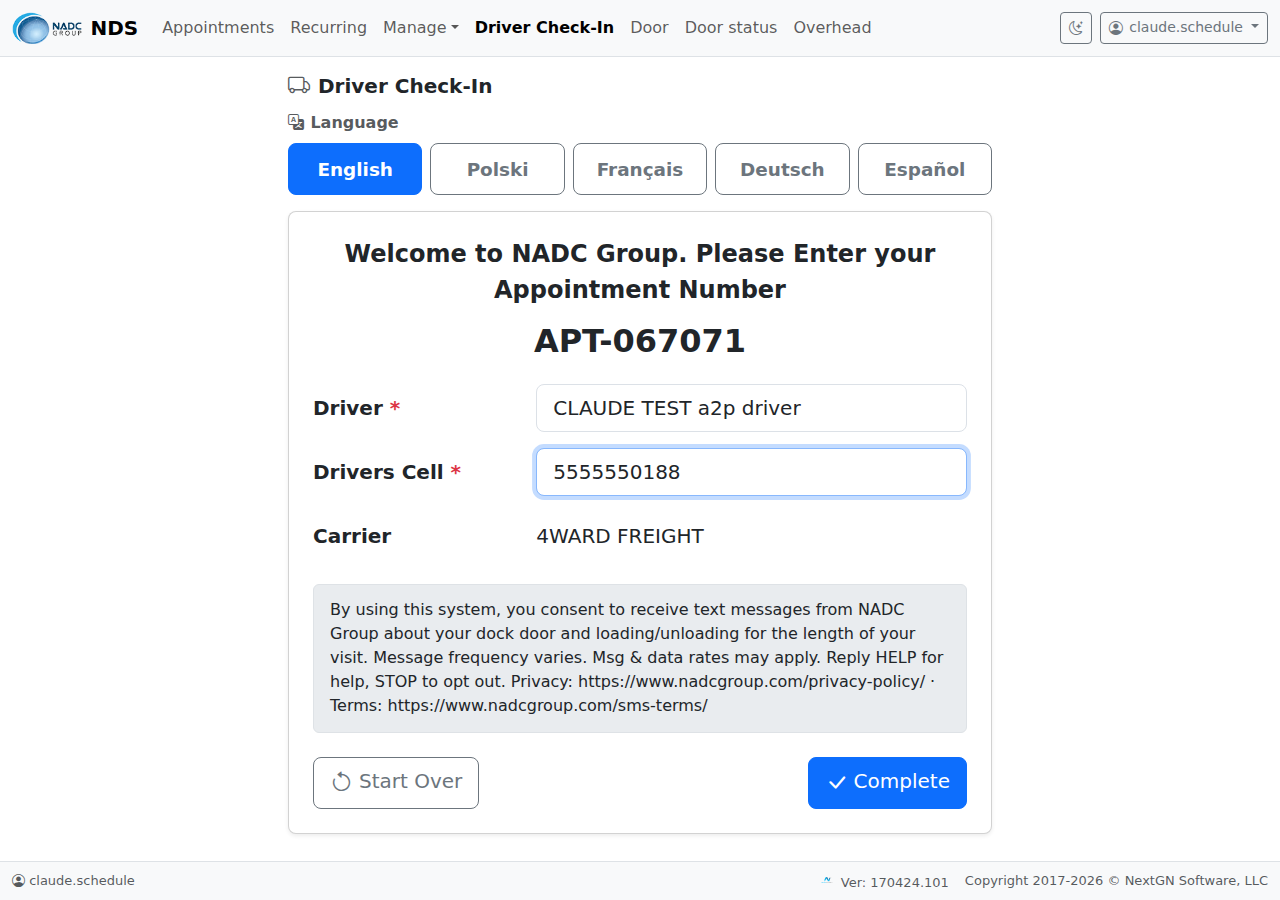 The NADC Group driver check-in kiosk showing the appointment number, the driver name and mobile number fields, and the consent statement immediately above the Complete button